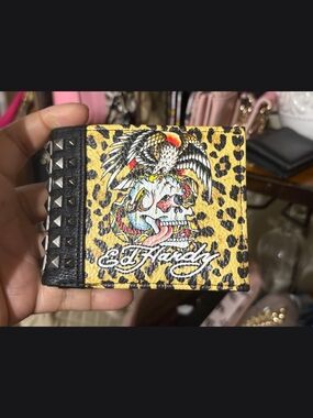 Ed Hardy Leopard Print Studded Bi-Fold Wallet - Yellow